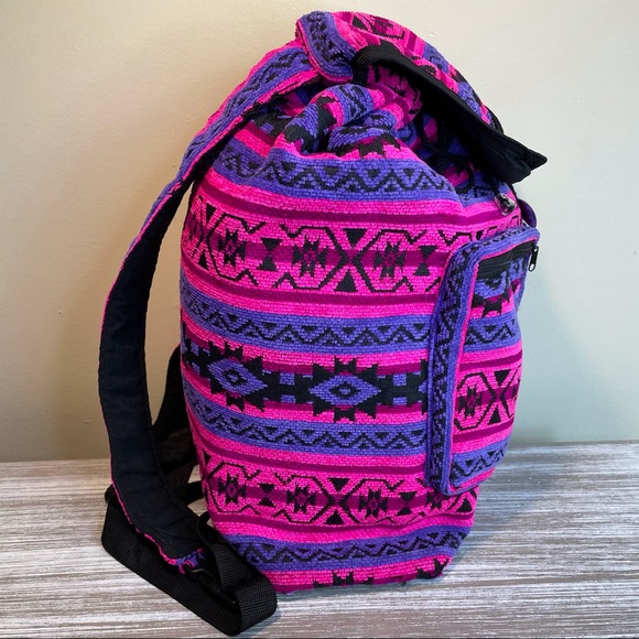 Aztec Women's Bag Drawstring Backpack Adjustable With Pockets Pink Purple Boho - Picture 2 of 14